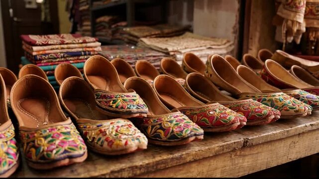 Traditional colorful handmade leather shoes with intricate embroidery displayed in row at market showcasing cultural Indian footwear fashion craft