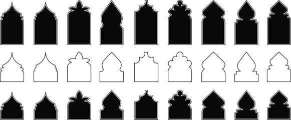 islamic window shapes in door oriental style black silhouette eid mubarak decorative arches, mosque borders or moroccan gates. Arabic muslim architecture design elements, 