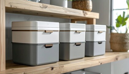 Stacked, neutral-toned storage boxes on a wooden shelf, indoors