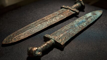 constancies. Two ancient bronze swords with complementary patina on a dark surface. event programs, museum guides, designed for cultural heritage projects and event programs.