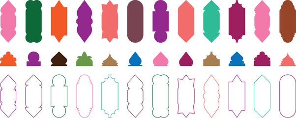 Islamic Shape door and window silhouette Arabic arch. Arab frame set. Ramadan Kareem silhouette icon. labels. Flat design Morocco inspired simple shapes. Indian architecture icons. Muslim frames
