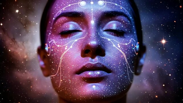 Futuristic woman exploring star patterns, celestial female analyzing luminous neural circuits, interstellar depiction featuring female figure investigating luminous cosmic and neural configurations