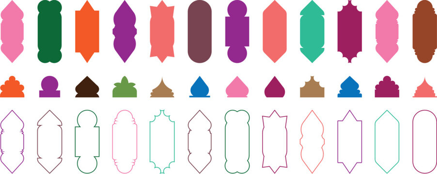 Islamic Shape door and window silhouette Arabic arch. Arab frame set. Ramadan Kareem silhouette icon. labels. Flat design Morocco inspired simple shapes. Indian architecture icons. Muslim frames