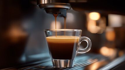 Fototapeta premium Freshly brewed espresso in a glass cup under a coffee machine, symbolizing café culture, quality coffee, and modern lifestyle. 