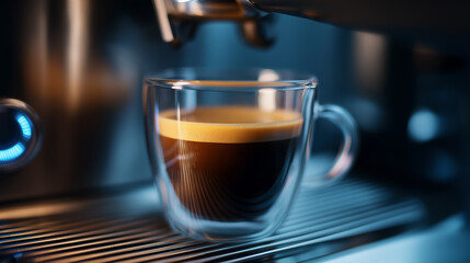 Freshly brewed espresso in a glass cup under a coffee machine, symbolizing café culture, quality coffee, and modern lifestyle.
