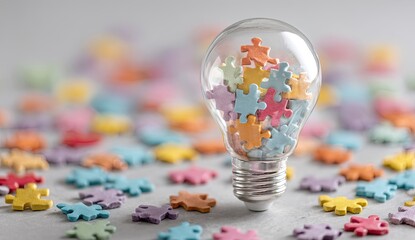 A lightbulb filled with colorful puzzle pieces, surrounded by more scattered puzzles