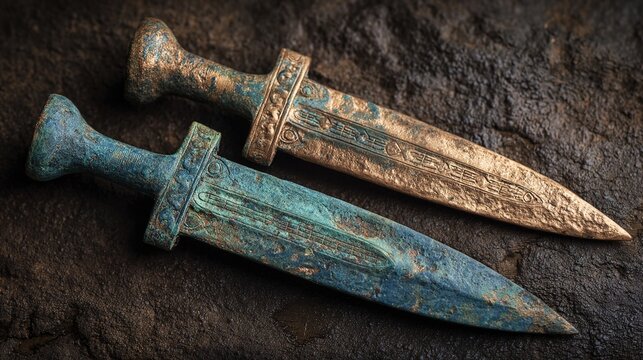 constancies. Two ancient bronze swords with complementary patina on a dark surface. event programs, museum guides, designed for cultural heritage projects and event programs.