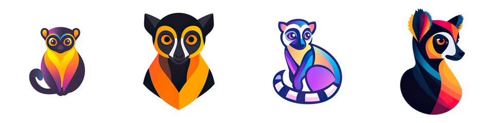 Obraz premium Set of 2D illustration of a minimalistic lemur logo with flat colors isolated on transparent background