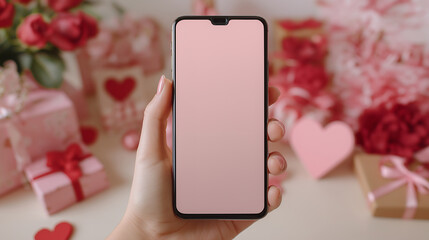 バレンタインギフトに囲まれた手持ちスマートフォンの空白画面モックアップ
