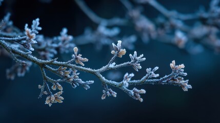 Frosted tree branch with delicate buds against a dark blue background winter