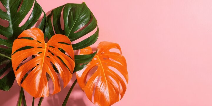 Photo of orange monstera leaves on a pink background, flat lay. Web banner with copy space on the right.