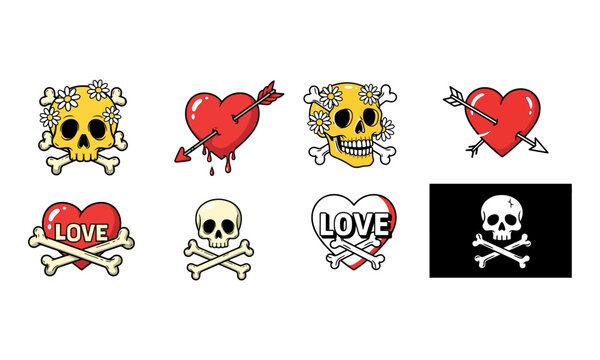 Evil cupid's dark romance emblems: skull, heart, and arrow vector collection