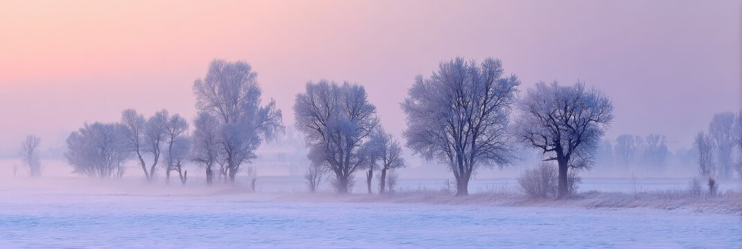 Frosted trees in misty winter landscape at sunrise with pink sky image - Powered by Adobe