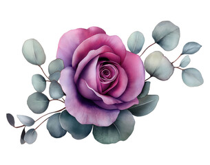 A Purple Rose With Green Leaves on a Clear Background