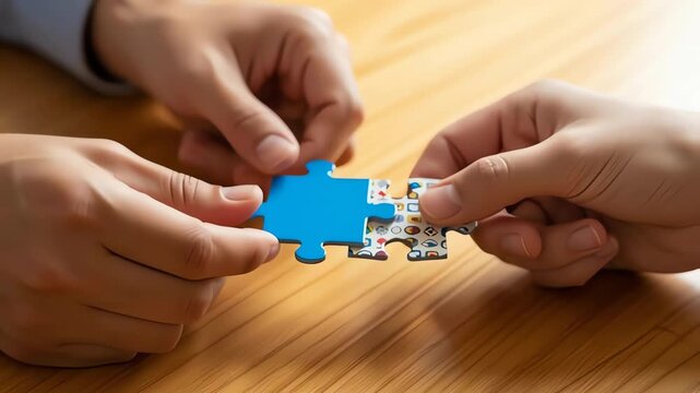 World autism day video of two hands uniting puzzle pieces symbolizing connection and awareness, suitable for autism awareness campaigns and education materials.