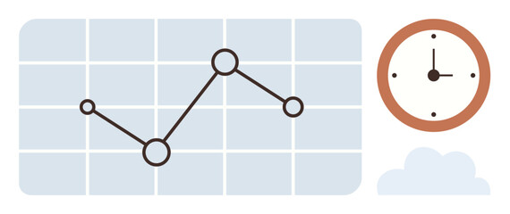 Data tracking, time management, performance monitoring, analytics, trends analysis, business insights. Line graph on grid background with clock symbol. Data tracking and time management concept
