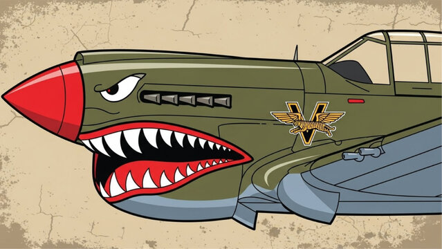 Vintage WWII Fighter Plane with Shark Teeth Nose Art &ndash; Military Aviation Vector Illustration