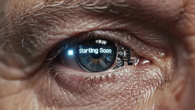Close-up of a futuristic bionic eye with 'Starting Soon' digital display, blending human and machine technology.