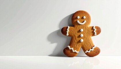 "Gingerbread man cookie with icing and candy buttons on plain white background."