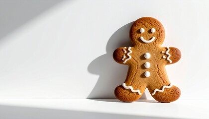"Gingerbread man cookie with icing and candy buttons on plain white background."