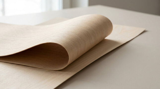 Close-up of a flexible light wood veneer sheet, showcasing its natural grain and smooth texture. Ideal for design and architectural concepts