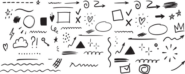 A collection of various black scribbles and doodles on a white background