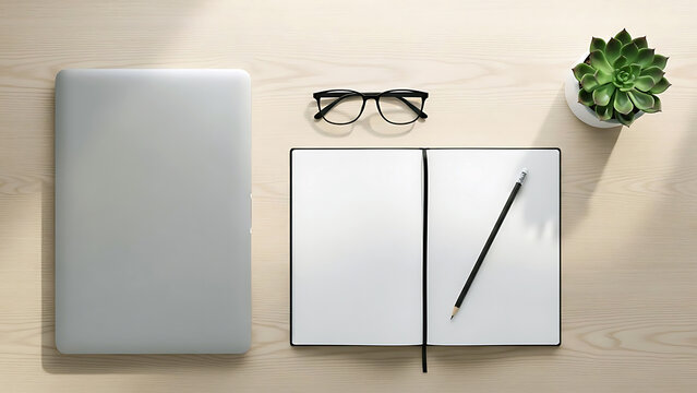 Minimalist flat lay workspace with laptop blank notebook glasses and plant - Powered by Adobe