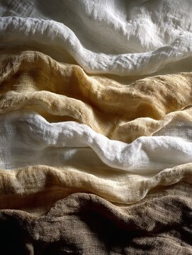 Minimalist fabric flat lay photography with layered sheer and matte textiles in neutral tones, soft natural light and subtle shadows, clean editorial style