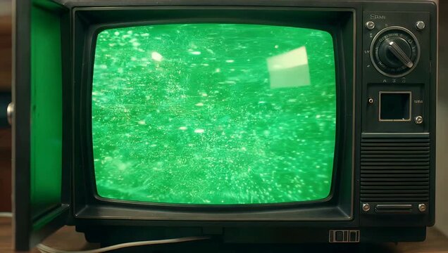 Close up 4K footage of vintage television turning on displaying green screen with static noise emphasizing retro electronics textures nostalgic visual 