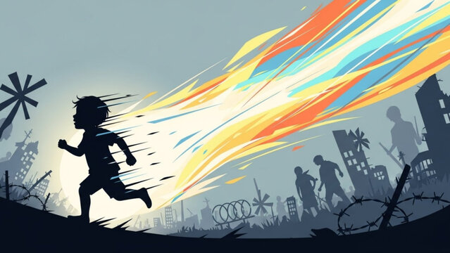Child running through war-torn city leaving a trail of colorful energy symbolizing hope and resilience in destruction