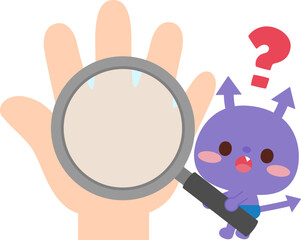 大きな虫眼鏡を持つばい菌のキャラクターと手 © TANO