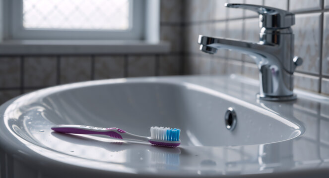 Purple toothbrush on a white ceramic bathroom sink. Close up of dental hygiene tool with chrome faucet in background. Oral care and morning routine concept. Daily health and wellness - Powered by Adobe