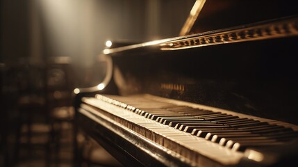 chords. Grand piano in a concert hall, softly lit to highlight its artistic and musical essence. event programs, museum guides, designed for cultural heritage projects and event programs.