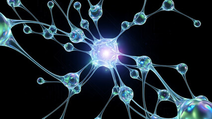 A glowing central neuron with intricate branching dendrites and axons against a dark background, representing neural activity.