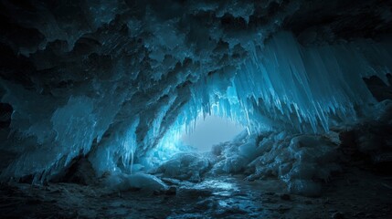 Ice cave with blue icicles and frozen rock formations leading to light image