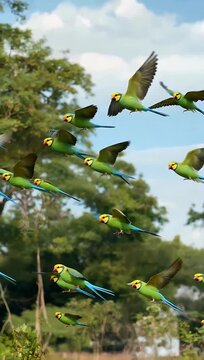 Ultra HD 4K footage of group of budgerigars Melopsittacus undulatus capturing natural behavior colors flock dynamics wildlife pet bird stock 