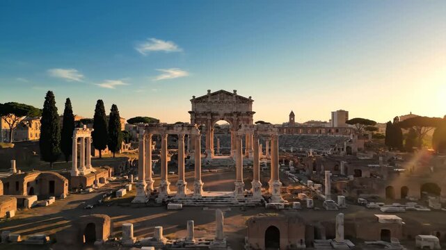 Roman Forum Ancient Ruins at Sunset.