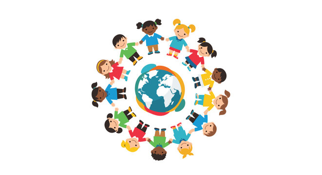 Diverse group of happy children holding hands in a circle around the globe representing global unity and friendship.