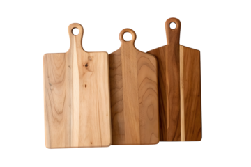 Three wooden cutting boards isolated on transparent background, perfect for food preparation