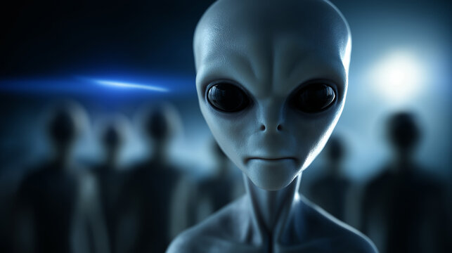 Group of alien humanoid beings standing together in a foggy environment, symbolizing extraterrestrial life, mystery, and science fiction imagination.
