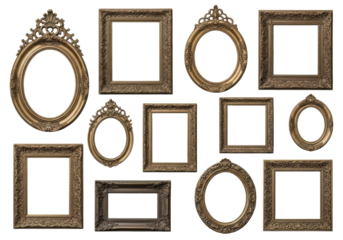 A diverse collage of antique and vintage empty gold and bronze metallic picture frames with ornate carvings, isolated on a transparent shadowless background, concept of historical decorative artistry