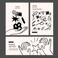 World Art Day poster set with rough black line drawing of hands creating art