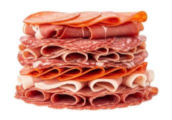 assorted cured meats stack on a deli platter with ham, salami, prosciutto