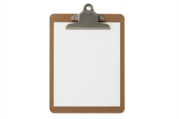Blank wooden clipboard holding white paper, transparent background
