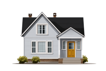 Light blue two story house with yellow door and dark grey roof home building