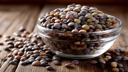A clear glass bowl brims with vibrant, multicolored lentils resting atop a weathered wooden table. Some lentils spill out, creating a lively scene of natural harvest abundance