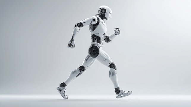 Humanoid robot walking forward in a minimal studio space, symbolizing artificial intelligence mobility, robotics development, and machine autonomy.
