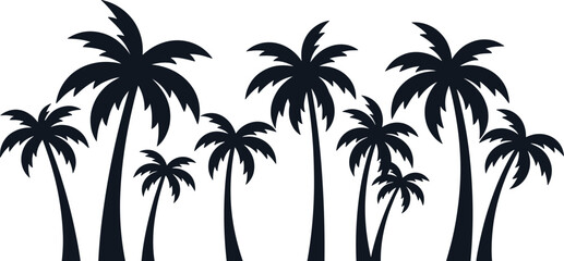 Fototapeta premium Palm tree silhouette collection with tall tropical coconut palms, minimalist black nature illustration isolated on white background for summer design use
