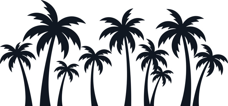 Palm tree silhouette collection with tall tropical coconut palms, minimalist black nature illustration isolated on white background for summer design use