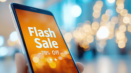 Flash sale smartphone screen with bold text and festive bokeh lights conveying urgency and discount shopping excitement
